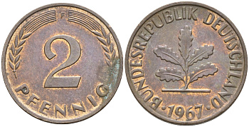 ФРГ 2 пфеннига 1967 F KM 106, J.381 сталь плакированная медью 4174-625
