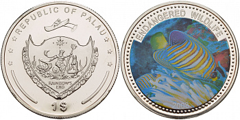 Палау 1 доллар 2008 серия вымирающие виды, рыба королевский ангел, цветная эмаль KM 166 медно-никель PROOF 1088-7-22