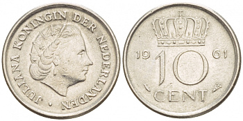 НИДЕРЛАНДЫ 10 ЦЕНТОВ 1961 ЮЛИАНА KM 182 никель 4547-833