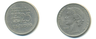 Португалия 25 эскудо 1980 первый год KM 607 a медно-никель 54-2357