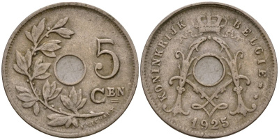 Бельгия 5 сантимов 1925 Король Альберт I (1910 - 1934) KM 67 медно-никель 4549-227