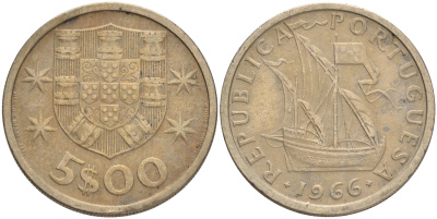 Португалия 5 эскудо 1966 парусник KM 591 медно-никель 4561-745