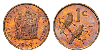 ЮАР 1 цент 1989 герб, капские воробьи KM 82 бронза PROOF 4690-865