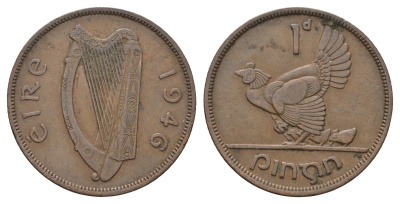 Ирландия 1 пенни 1946 курица с цыплятами KM 11 бронза 4672-813