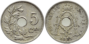 БЕЛЬГИЯ 5 САНТИМОВ 1923 BELGIE KM 67 медно-никель 4396-351
