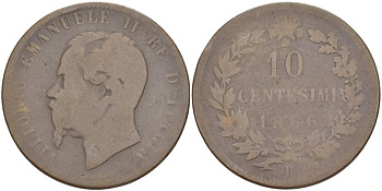 ИТАЛИЯ 10 ЧЕНТЕЗИМО 1866 H, ВИКТОР ЭММАНУИЛ II (1861-1878) KM 11.3 медь 4184-1133