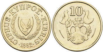 КИПР 10 ЦЕНТОВ 1992 ВАЗА С ПТИЧКАМИ KM 56.3 никель латунь 4563-745