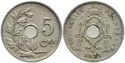 БЕЛЬГИЯ 5 САНТИМОВ 1923 BELGIE KM 67 медно-никель 4396-351