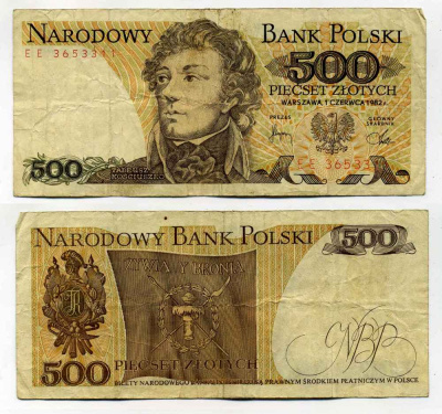 ПОЛЬША 500 ЗЛОТЫХ 1982 1 ИЮНЯ 1982, ТАДЕУШ КОСТЮШКО Pick 145d бумага 8588-1-2-2