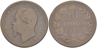 ИТАЛИЯ 10 ЧЕНТЕЗИМО 1866 H, ВИКТОР ЭММАНУИЛ II (1861-1878) KM 11.3 медь 4184-1133