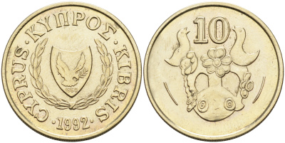 КИПР 10 ЦЕНТОВ 1992 ВАЗА С ПТИЧКАМИ KM 56.3 никель латунь 4563-745