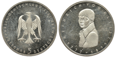 ФРГ 5 марок 1977 G, 200 лет со дня рождения Генриха фон Клейста KM 146, J. 421 серебро 413-3221