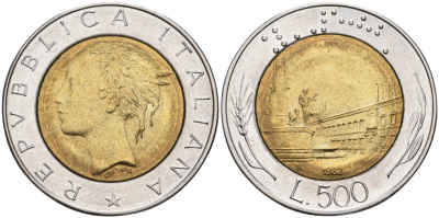 Италия 500 лир 1982 R, Квиринальский дворец в Риме KM 111 биметалл 4586-812
