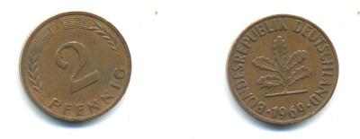 ФРГ 2 ПФЕННИГА 1969 J KM 106a, J.381a сталь плакированная сталь плакированная медьюю 176-669