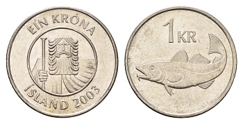 Исландия 1 крона 2003 треска KM 27a сталь плакированная никелем UNC 4687-855