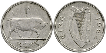 ИРЛАНДИЯ 1 ШИЛЛИНГ 1964 БЫК KM 14а медно-никель 28-831