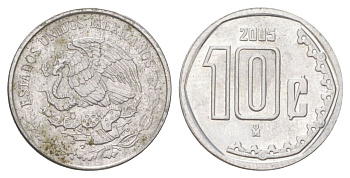 Мексика 10 сентаво 2005 KM 547 нержавеющая сталь aUNC 4627-1014