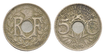 Франция 5 сантимов 1920 KM 865 медно-никель 83-224