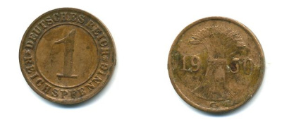 ГЕРМАНИЯ 1 РЕЙХСПФЕННИГ 1930 G KM 37, J. 313 бронза 46-927