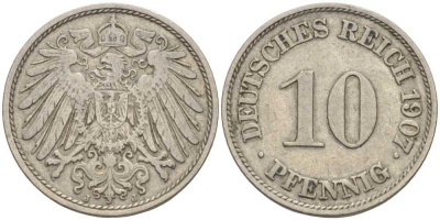 Германия 10 пфеннигов 1907 J KM 12, J. 13 медно-никель 31-141
