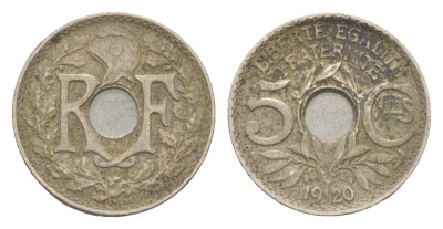 Франция 5 сантимов 1920 KM 865 медно-никель 83-224