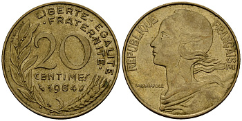 Франция 20 сантимов 1984 тип Marianne KM 930, Le Franс 156.24 алюминиевая бронза 4138-347