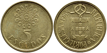 ПОРТУГАЛИЯ 5 ЭСКУДО 1988 KM 632 никель латунь 4395-926