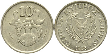 КИПР 10 ЦЕНТОВ 1988 ПТИЧКИ НА ВАЗЕ KM 56.2 никель латунь 113-743