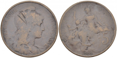 ФРАНЦИЯ 5 САНТИМОВ 1902 ТИП ДАНИЭЛЬ ДЮПЮИ KM 842, LE FRANC 119.12 бронза 77-243