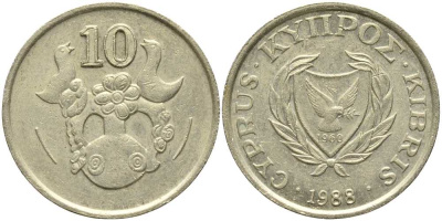 КИПР 10 ЦЕНТОВ 1988 ПТИЧКИ НА ВАЗЕ KM 56.2 никель латунь 113-743