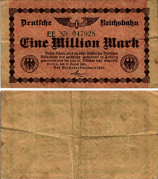 ГЕРМАНИЯ 1000000 МАРОК 1923 БЕРЛИН, 12 АВГУСТА 1923, НОТГЕЛЬД Keller 340a бумага 6318-8-3-2