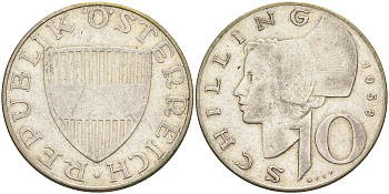 Австрия 10 шиллингов 1958 KM 2882 серебро 63-915