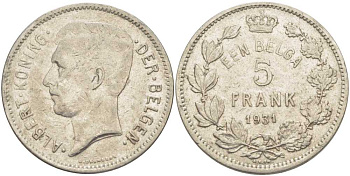 БЕЛЬГИЯ 5 ФРАНКОВ 1931 АЛЬБЕРТ I, DER BELGEN KM 98 никель 3851-344