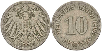 ГЕРМАНИЯ 10 ПФЕННИГОВ 1896 E KM 12, J. 13 медно-никель 4401-945