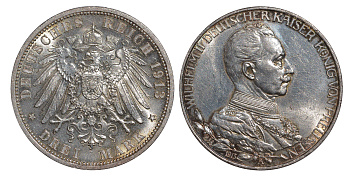 Пруссия 3 марки 1913 Вильгельм II (1888-1918) в мундире KM 535, J.112 серебро aUNC 413-1421