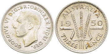 Австралия 3 пенса 1950 m, Георг VI (1937-1952), без букв KM 44 серебро 4516-144