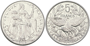 Французская Новая Каледония 5 франков 2014 птица кагу, (IEOM) KM 16, Schoen 12, Lec 81k алюминий 4117-1045