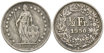 Швейцария 1/2 франка 1950 B KM 23 серебро 4615-1013