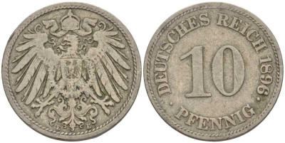 ГЕРМАНИЯ 10 ПФЕННИГОВ 1896 E KM 12, J. 13 медно-никель 4401-945