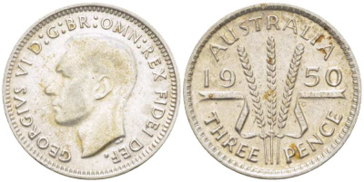 Австралия 3 пенса 1950 m, Георг VI (1937-1952), без букв KM 44 серебро 4516-144