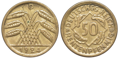 Германия 50 рентенпфеннигов 1924 D J. 310, KM 34 алюминиевая бронза 4118-325