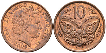 Новая Зеландия 10 центов 2009 маска Маори, Елизавета II (1952-) KM 117а сталь плакированная медью 4179-1254