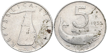 ИТАЛИЯ 5 ЛИР 1955 R, РУЛЬ, ДЕЛЬФИН КМ 92 алюминий 4573-217