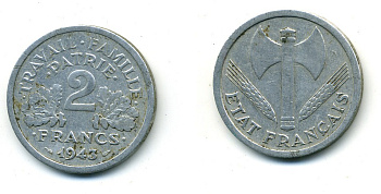 Франция 2 франка 1943 правительство Виши KM 904.1 алюминий 84-142