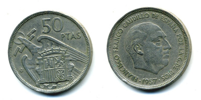 ИСПАНИЯ 50 ПЕСЕТ 1959 1957 ГОД ФРАНЦИСКО ФРАНКО KM 788 медно-никель 41-1152