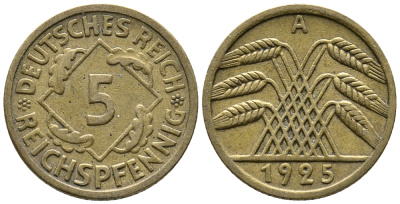 Германия 5 рейхспфеннигов 1925 A KM 39, J. 316, Weege 7 алюминиевая бронза 39-548