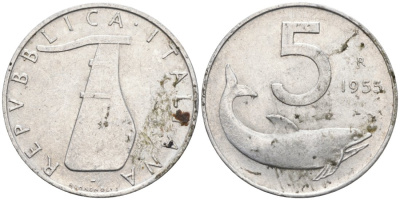 ИТАЛИЯ 5 ЛИР 1955 R, РУЛЬ, ДЕЛЬФИН КМ 92 алюминий 4573-217