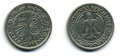 Германия 50 рейхспфеннигов 1928 A KM 49, J.324 никель 58-357