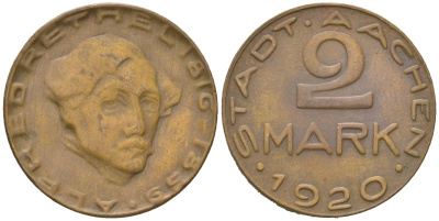 Аахен 2 марки 1920 Альфред Ретель Funck 1.17, Men05 70.63, Men18 99.63 латунь 4616-256