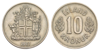 Исландия 10 крон 1967 KM 15 медно-никель 4635-134